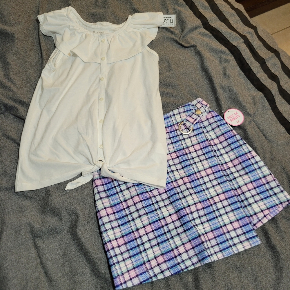 Gilrs White Off-Shoulder Top and Plaid Skirt Blue Set Size 10/12
